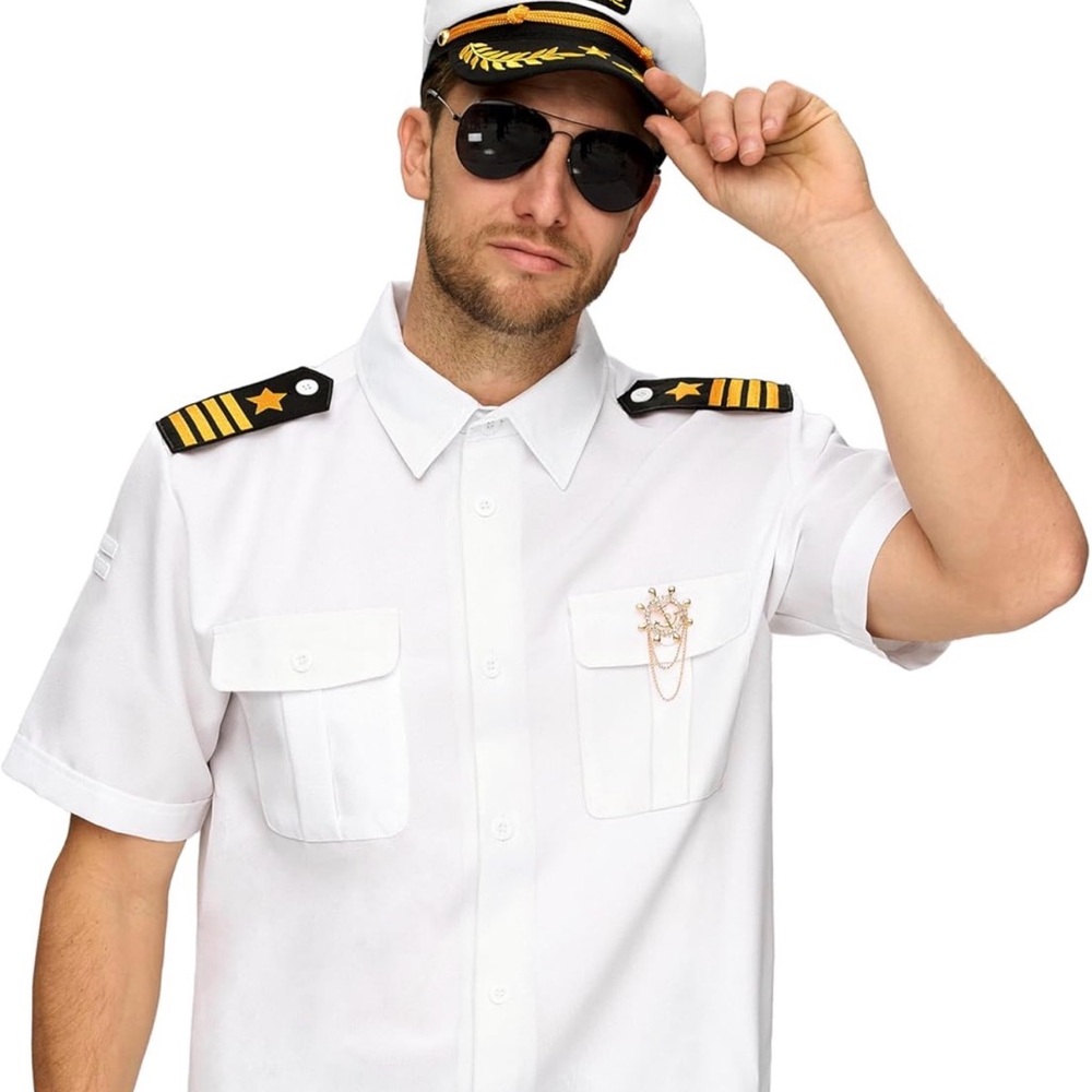 New! White Captain Costume Shirt with Black and Gold Accents